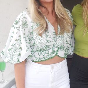 Zara Green and White Crop Tie Front Blouse